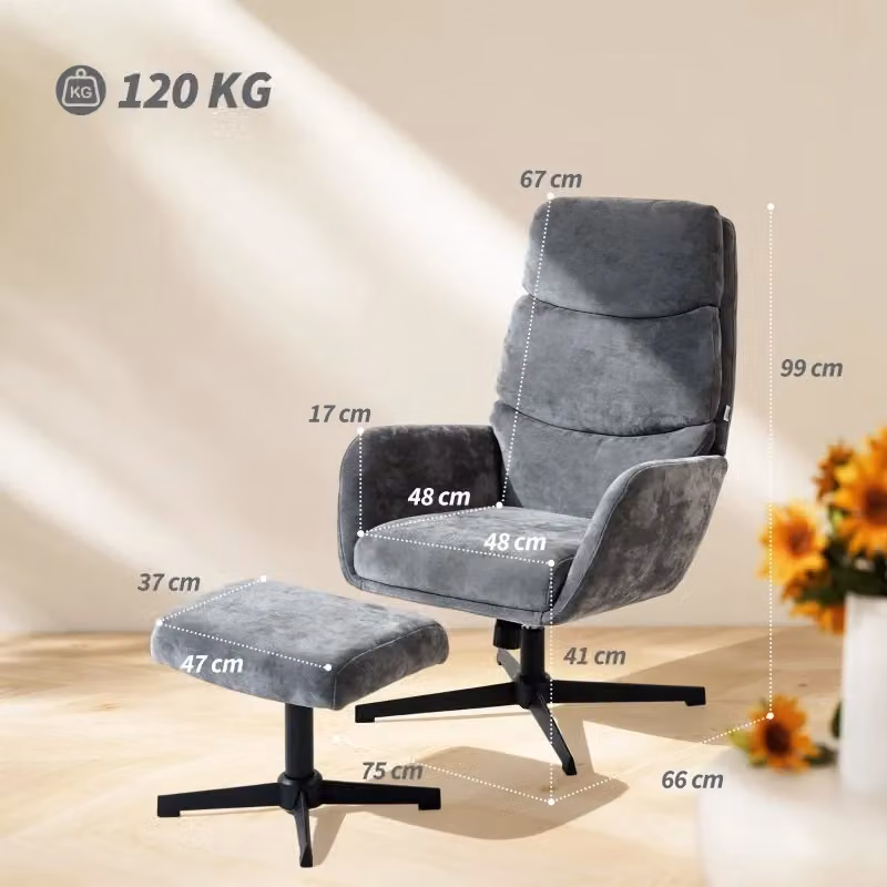 Poltrona lounge con poggiapiedi WISHDOR in tessuto grigio con base in metallo e design moderno – 2