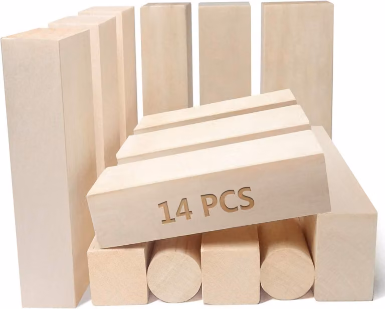 Set di 14 pezzi per la lavorazione del legno, composto da blocchi di legno di tiglio, adatto sia a principianti che a esperti, per tagliare e modellare il legno
