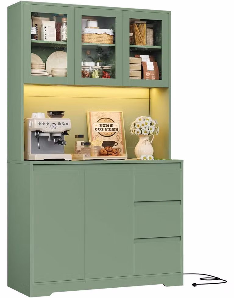 Mobiletto da cucina/credenza con illuminazione a LED e presa multipla, dimensioni 180x100x38,5 cm, colore verde