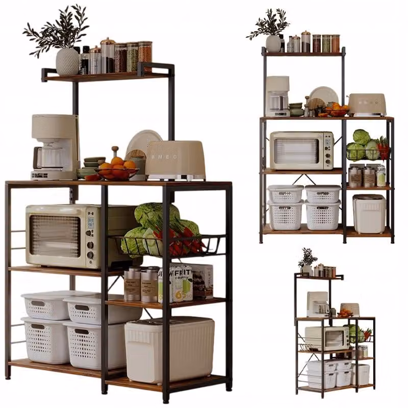Scaffale da cucina per microonde, mobile con 5 ripiani, marrone scuro, stile rustico