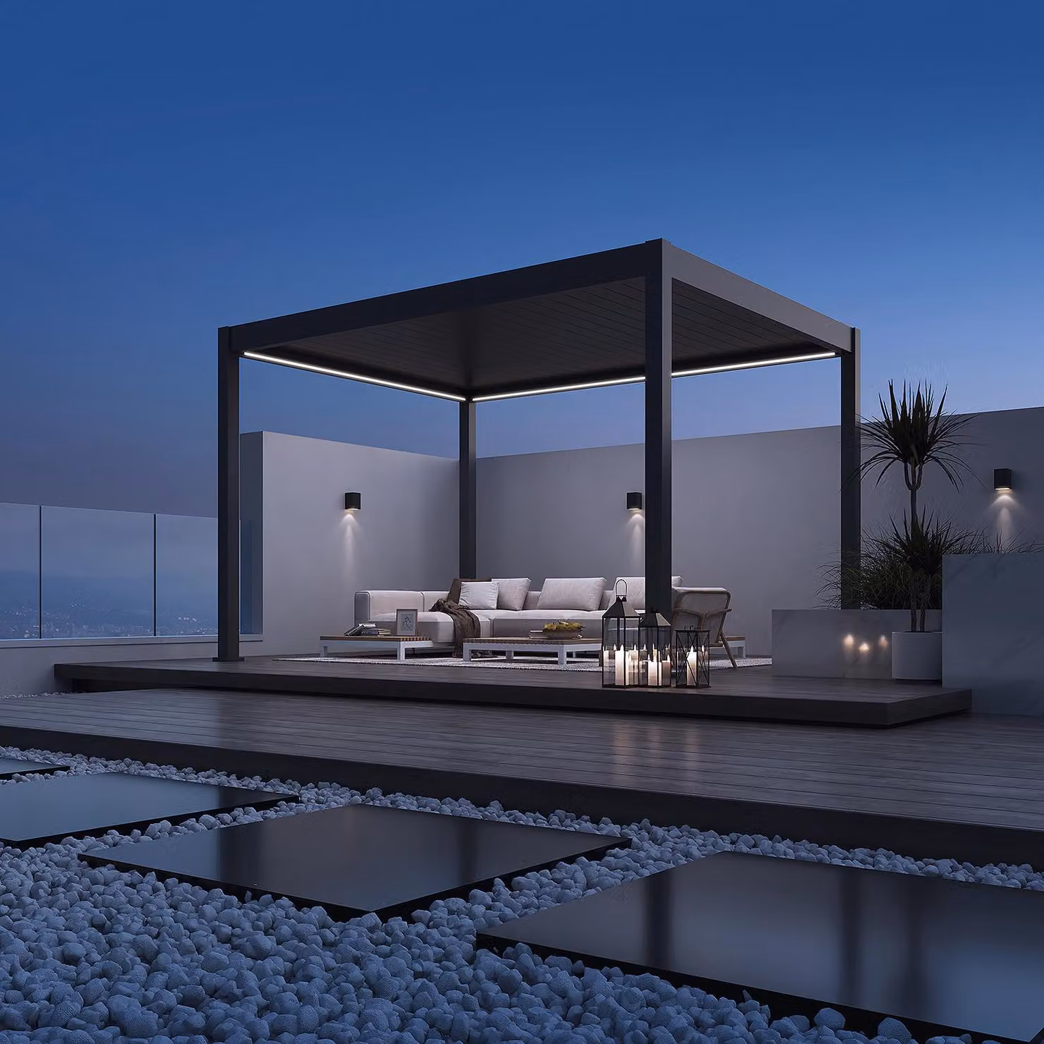 Pergola elettrica Weide E-Deluxe interamente in alluminio, 3,6x4 m, con tetto a lamelle color antracite