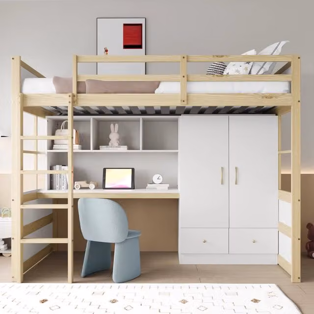 Letto a soppalco 90 x 200 cm, con scaletta, scrivania con contenitore, armadio e cassetti, letto per bambini e ragazzi, singolo - Colore legno