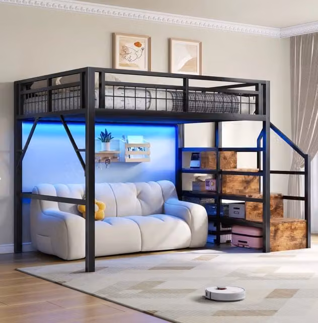 Letto a soppalco 140x200 cm in metallo e MDF con LED e scale contenitore; nero