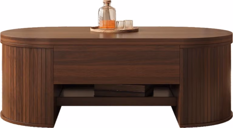 Tavolino Fortuna Lai, tavolino con bordi in legno curvi, ripiano estraibile, piano regolabile in altezza, mobile multifunzionale per il soggiorno.