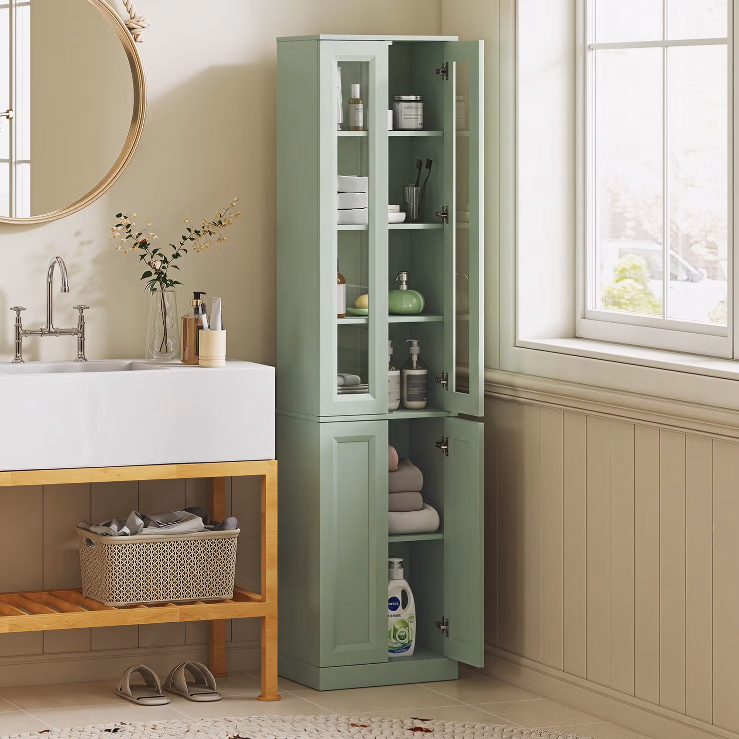 Mobile bagno alto HOMCOM con 6 ripiani e ante soft-close, verde salvia – 2
