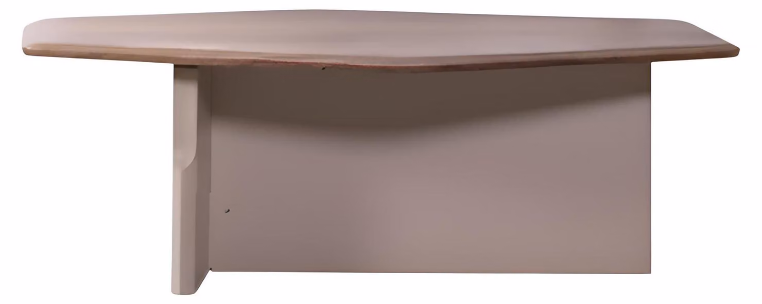 Tavolino beige, stile minimalista, struttura in legno, forma asimmetrica