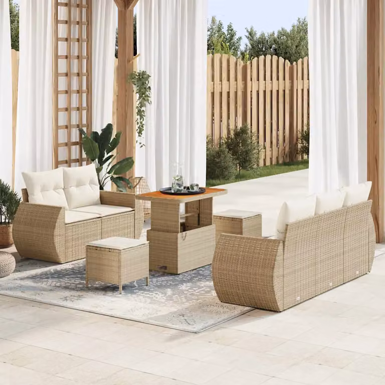 Set Divano da Giardino a L vidaXL 8 Pezzi con Cuscini Beige e Bianco