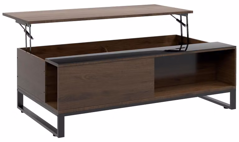 Tavolino Moonbite con funzione di sollevamento, dimensioni 102 × 58 × 35,5 cm, tavolino da divano con 2 ripiani a ribalta, piano in vetro temperato, vano portaoggetti inferiore, struttura in acciaio, impiallacciatura in noce su pannello di compensato