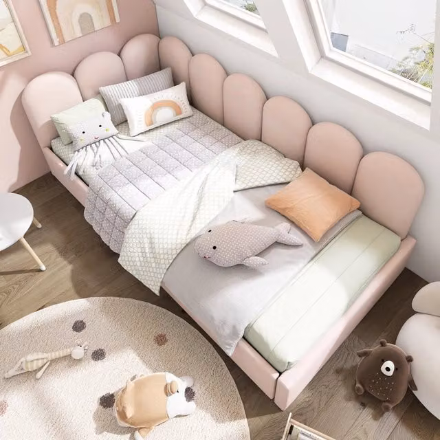 Letto singolo 90 × 190 cm con 2 cassetti, lati reversibili e schienale imbottito, senza materasso, velluto rosa