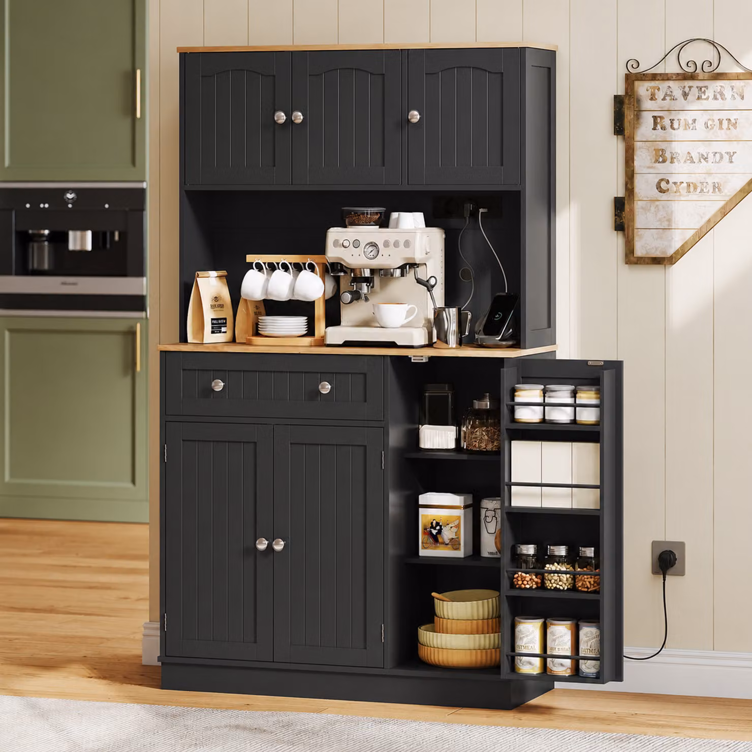 Credenza alta da cucina HOMCOM nera con 6 ante, piano di lavoro e stazione di ricarica, design moderno in MDF – 2