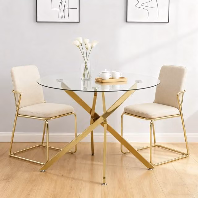 Tavolo da Pranzo Rotondo Minimal con Piano in Vetro Temperato Trasparente e Gambe Dorate L: 80 cm, P: 80 cm, H: 76 cm