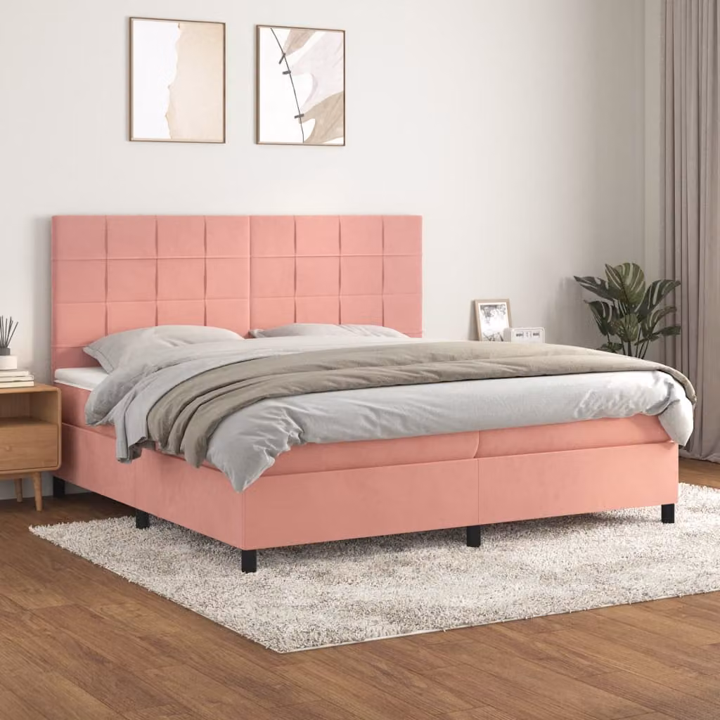 Letto Ibrido vidaXL con Giroletto a Molle e Materasso in Velluto Rosa e Bianco L/P/H: 200 x 200 x 203 cm