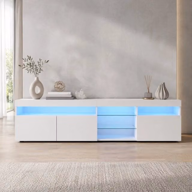 Mobile TV moderno MIVRAY bianco lucido con LED a colori variabili e tre ante in MDF e vetro L: 180 cm, P: 35 cm, H: 48 cm