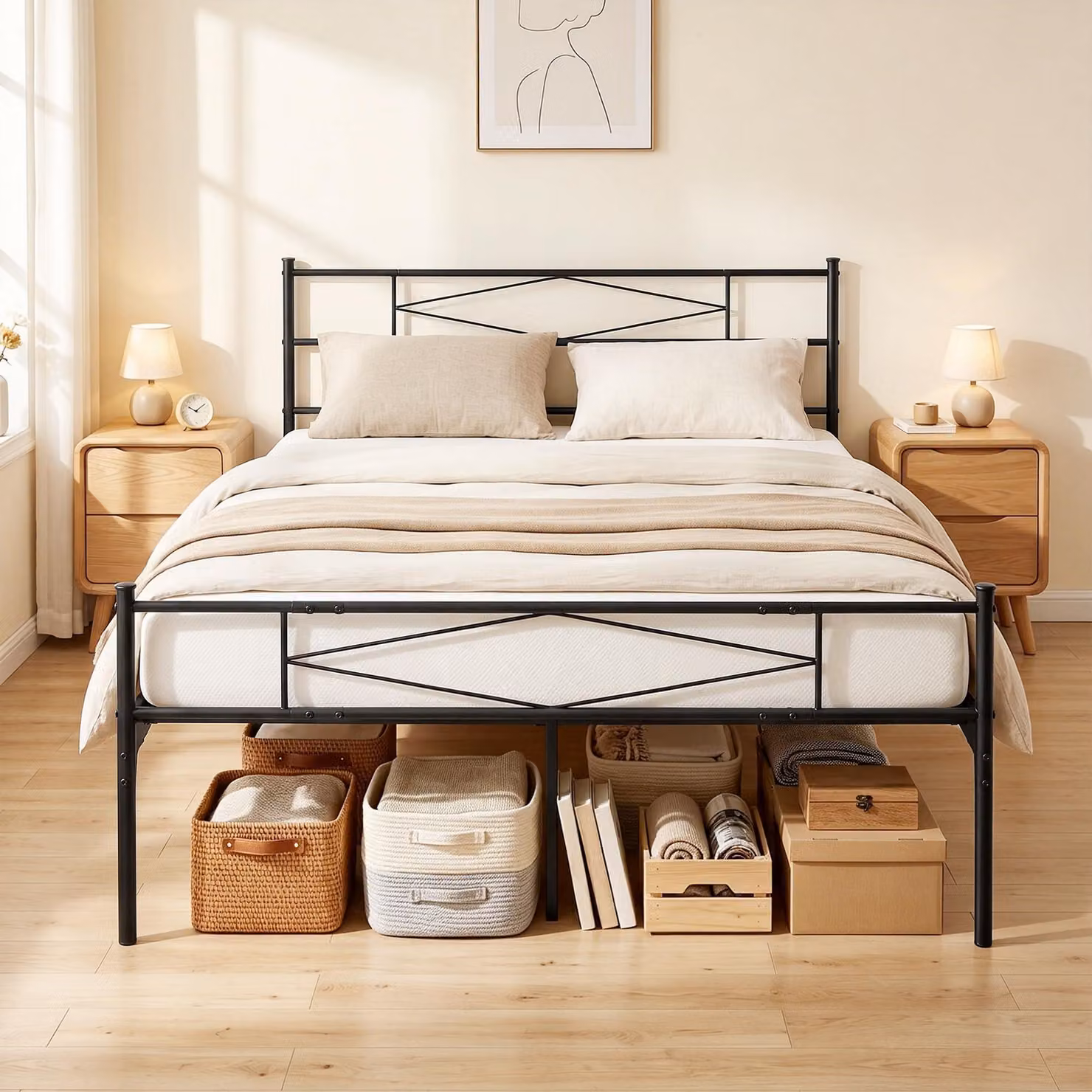 Struttura letto matrimoniale in metallo con testiera e pediera, colore nero, dimensioni 150x200 cm
