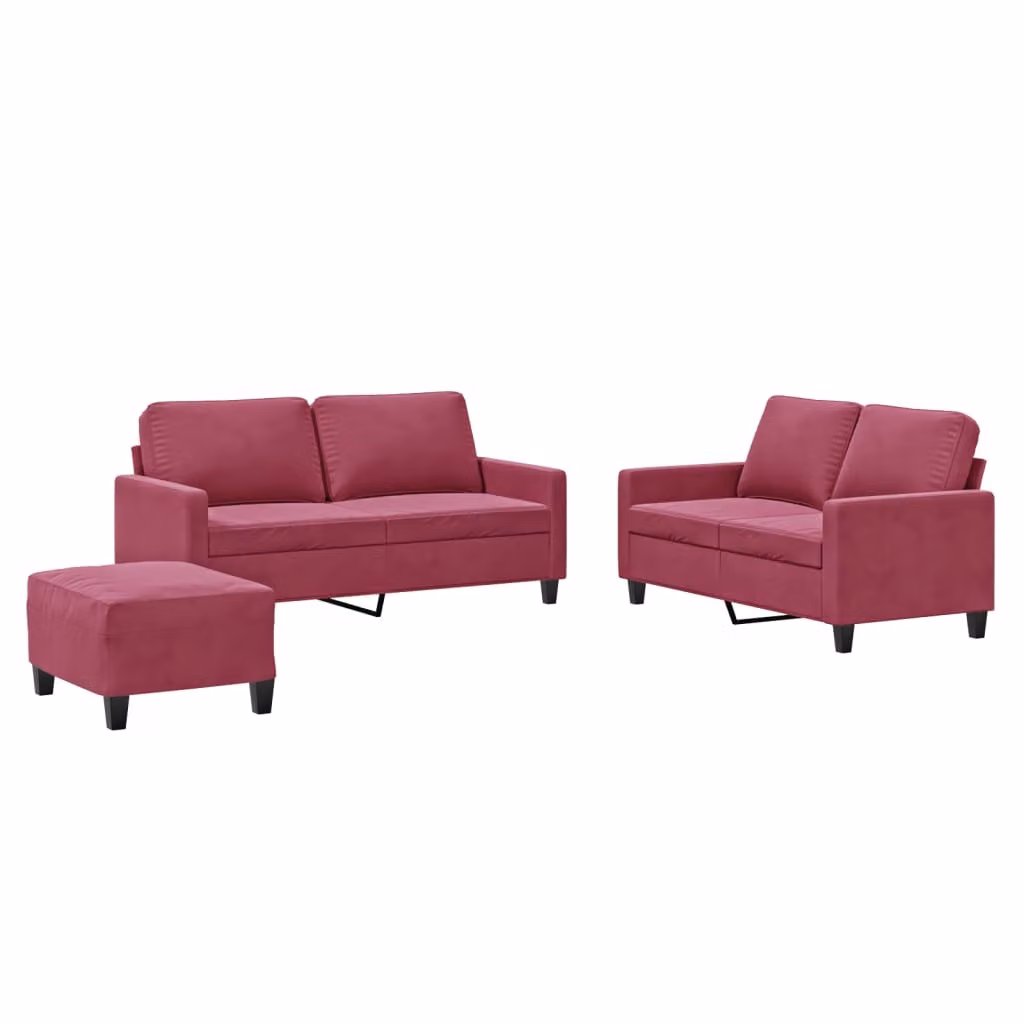 Set di Divani 3 pz con Cuscini Rosso Vino in Velluto