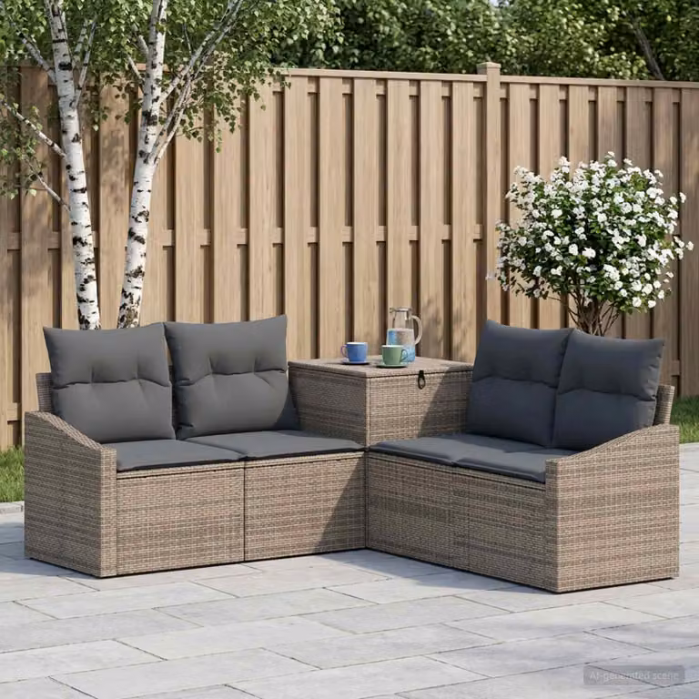 Set di divani da giardino a forma di L vidaXL in polyrattan con struttura in metallo e cuscini inclusi, Grigio e Antracite