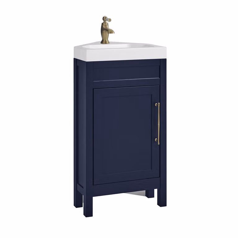 Mobile Bagno Angolare Blu Marino da 450mm con Lavabo e Maniglia Classica con Barra a T in in Oro Satinato - Warwick