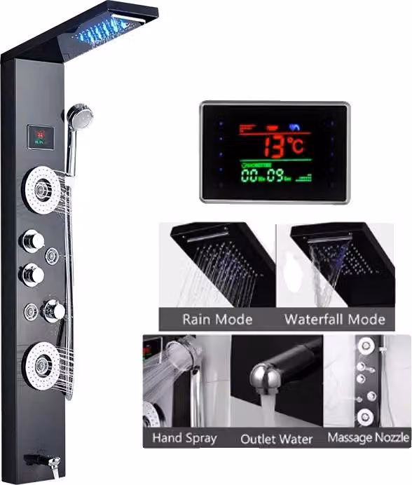 Pannello doccia a LED, pioggia a cascata, display digitale, nero 8006