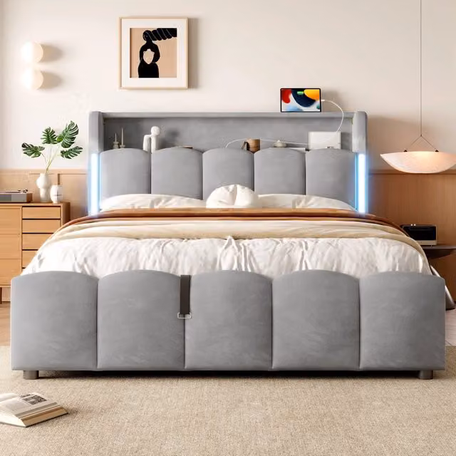 Letto contenitore 140x200 in velluto grigio con LED; testiera con vano e porte USB-C