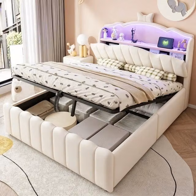 Letto contenitore imbottito per bambini ¨C Minimal ¨C Beige velluto 140x200cm testiera led idraulico