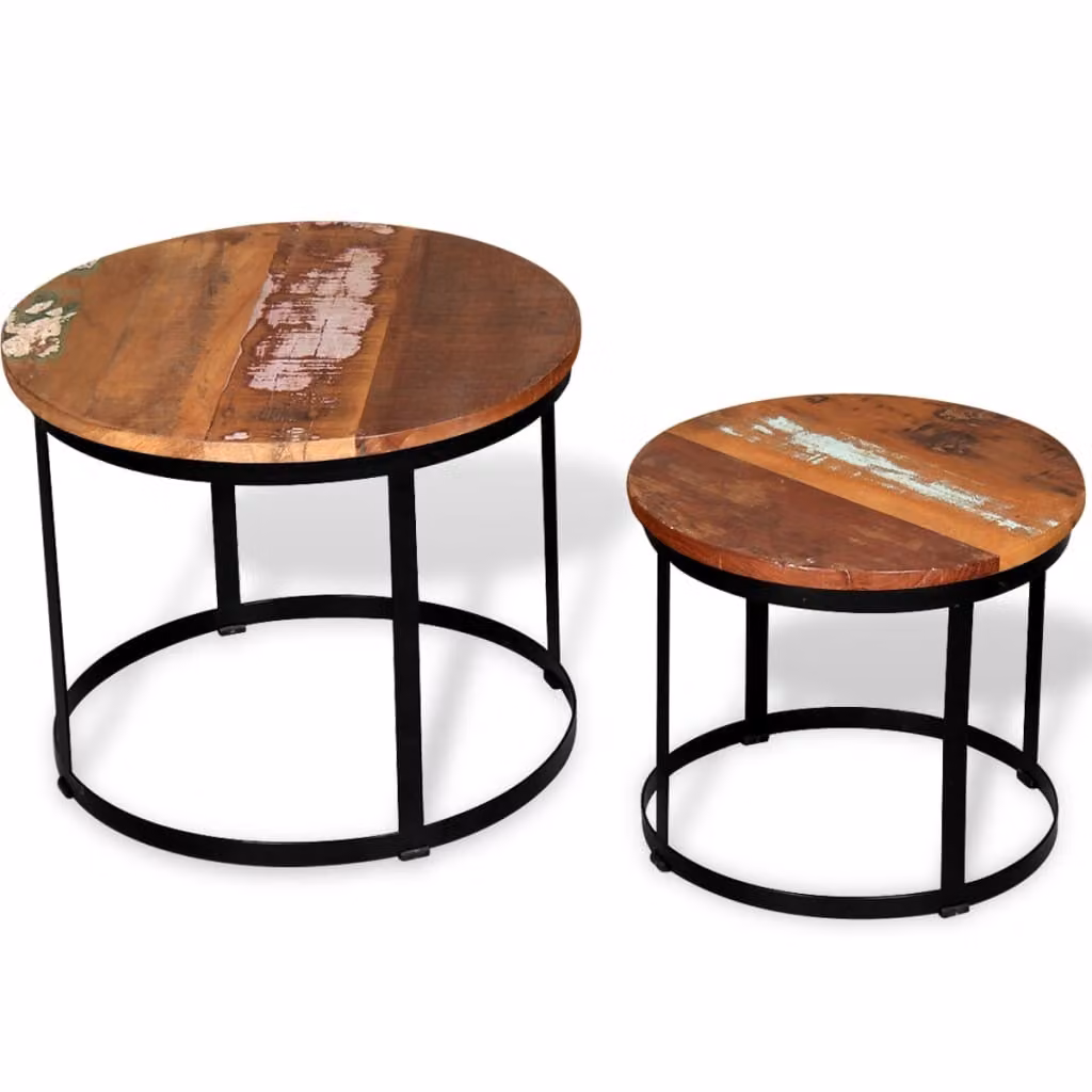 The Living Store Set di 2 tavolini da caffè in legno massiccio antico rotondo 40cm/50cm