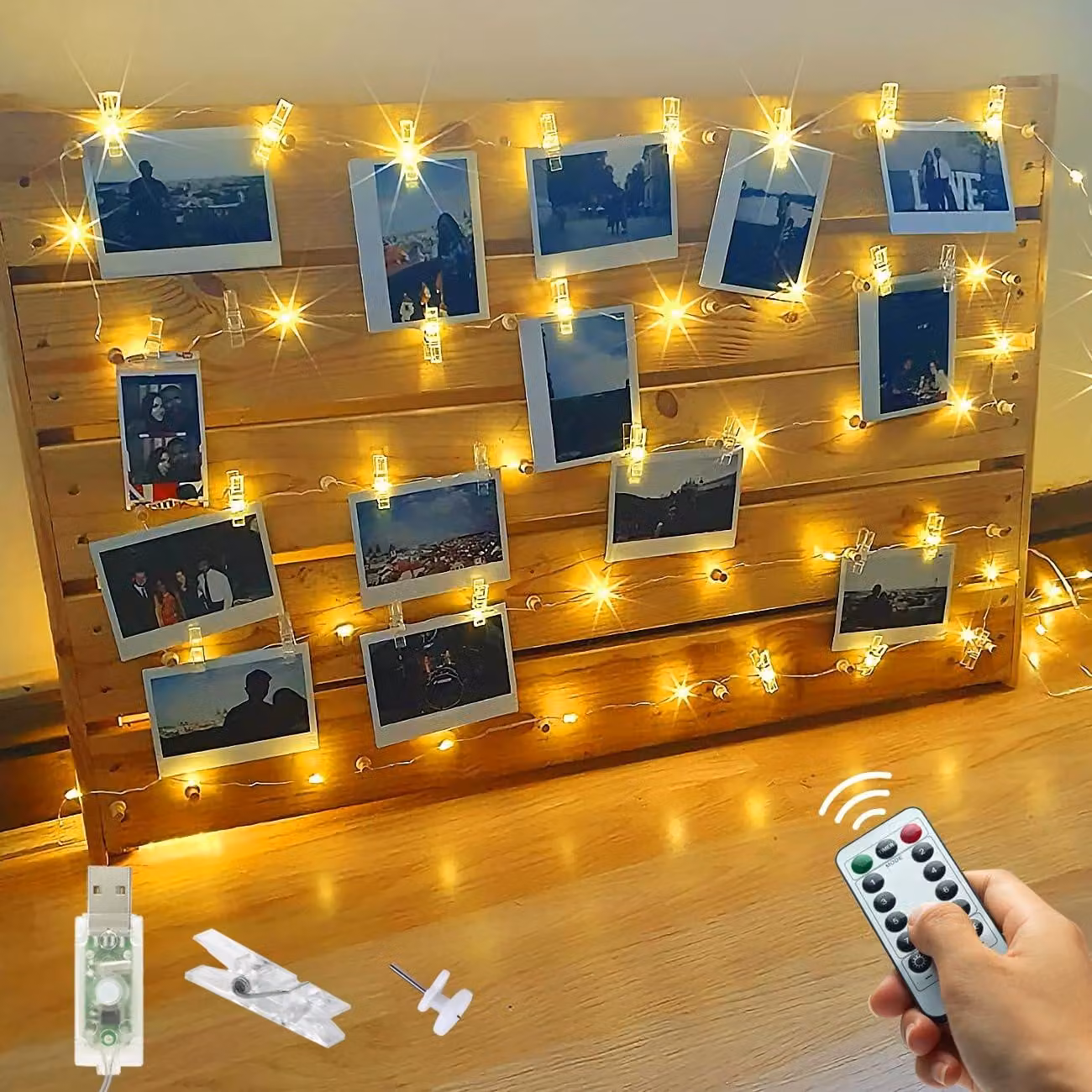 Catena luminosa a LED, 12 metri, 120 LED bianco caldo, alimentazione USB, telecomando, 60 clip