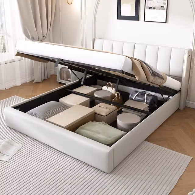 Letto Contenitore REDOM Bianco in Ecopelle con Illuminazione LED e Porte USB L/P/H: 200 x 140 x 45 cm