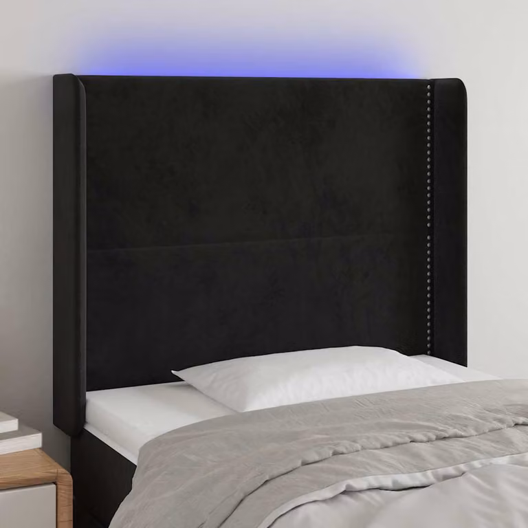 Testiera per letto vidaXL in velluto nero con illuminazione LED integrata e porta di ricarica USB, L: 93 cm, P: 16 cm, H: 118-128 cm