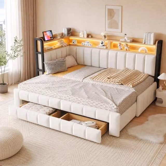 Divano letto imbottito 90×200/180×200 cm beige in velluto con LED, USB-C e cassetti