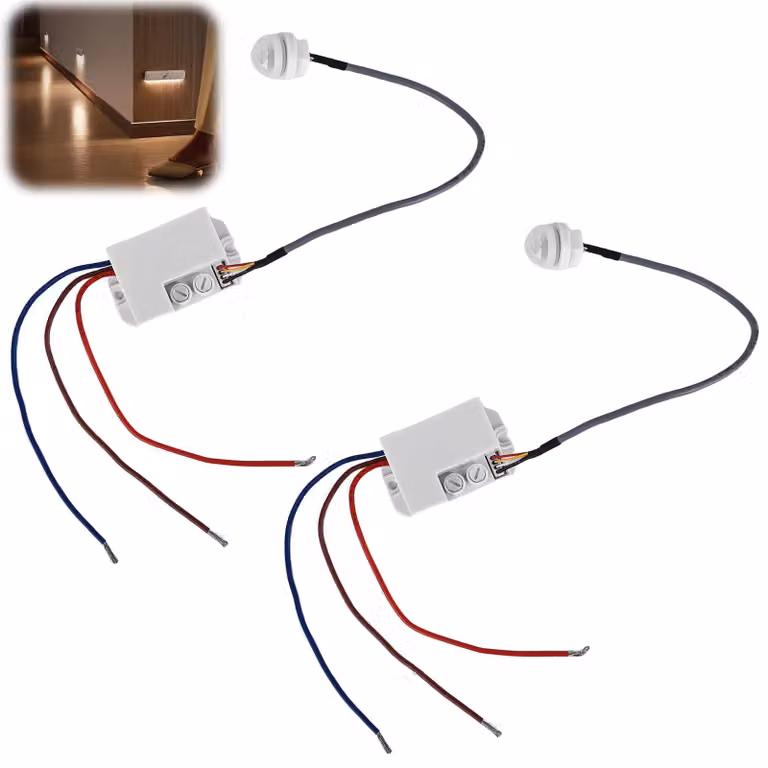 2 sensori di movimento mini, 220 V: sensore a infrarossi con grado di protezione IP65, dotato di sensore di luminosità e tempo di ritardo regolabile