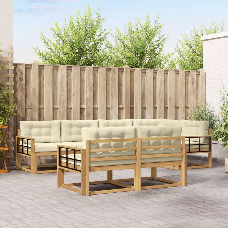 vidaXL Set di divani da esterno a forma di U composto da 6 pezzi in legno di acacia con cuscini in poliestere bianco, beige e marrone