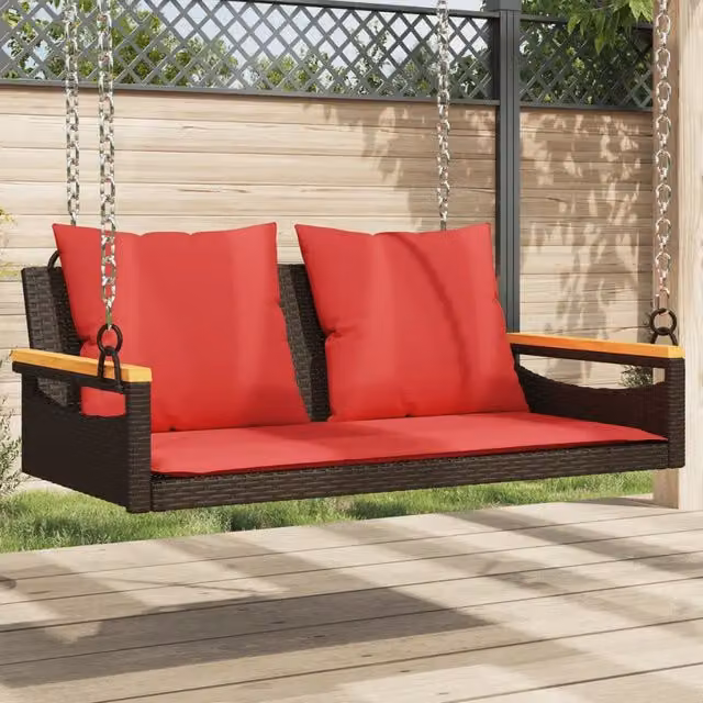 Panchina Dondolo vidaXL in Polyrattan e Legno di Acacia con Cuscini Marroni L: 109 cm, P: 62 cm, H: 40 cm – 1