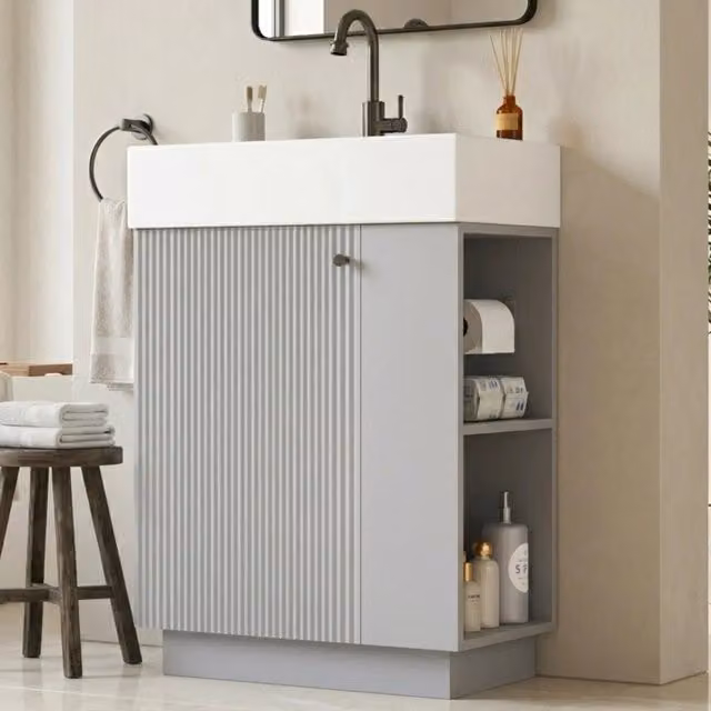 Mobile sottolavabo bagno freestanding Minimal grigio effetto legno con lavabo in ceramica integrato e ante soft-close – 1