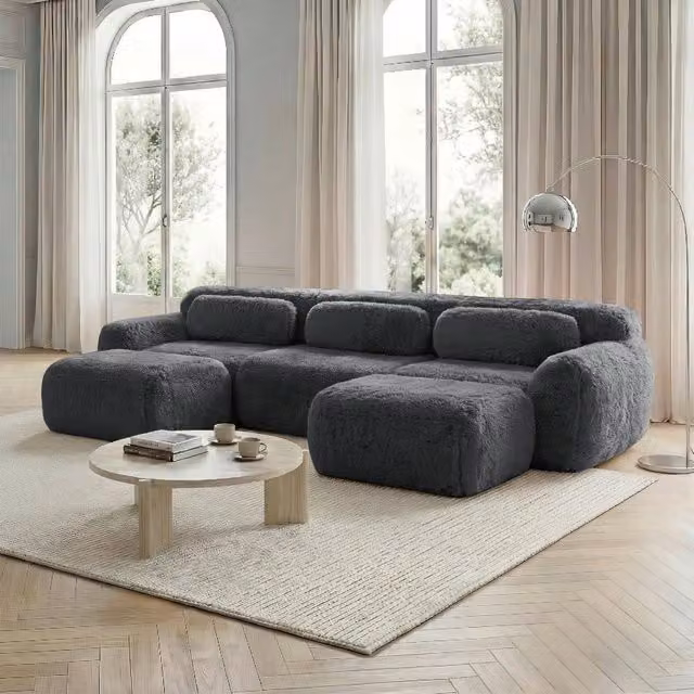 Divano Modulare a U Minimal in Tessuto Morbido Grigio con Cuscini