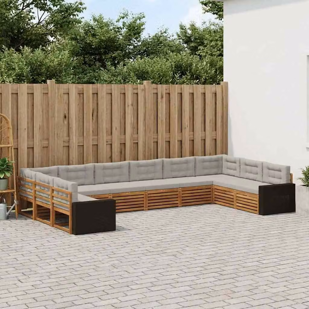 Set di divani da giardino vidaXL in legno di acacia con cuscini, 10 pezzi, beige, grigio e marrone