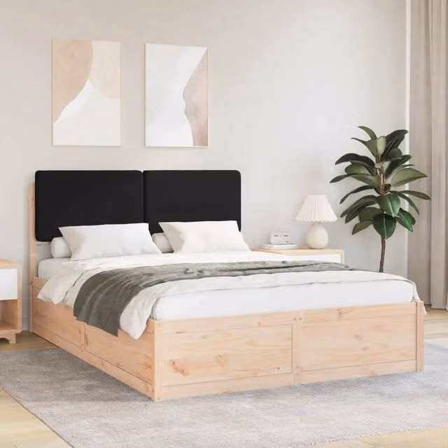 Letto moderno vidaXL in pino massello con testiera rivestita in tessuto nero L/P/H: 150 x 200 x 103 cm
