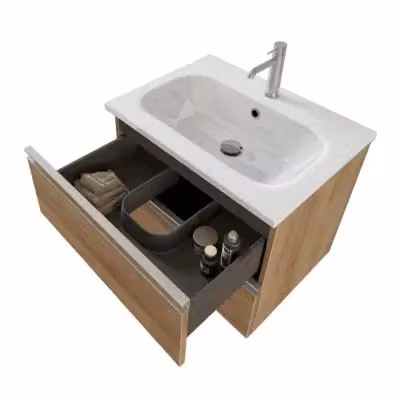 Mobile bagno sospeso Master con lavabo e specchio contenitore con illuminazione LED, colore bianco e marrone, L: 60 cm, P: 45 cm, H: 50 cm – 2