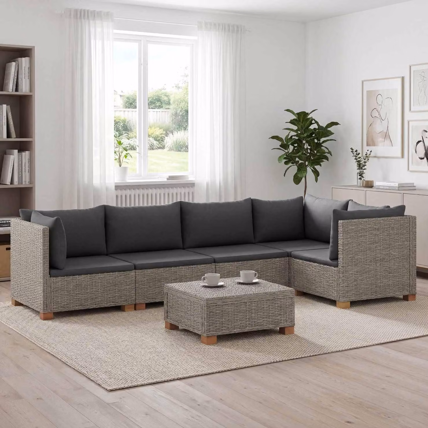 Maison Exclusive - Set da salotto in rattan naturale "Kubu" grigio, composto da 6 pezzi, con cuscini