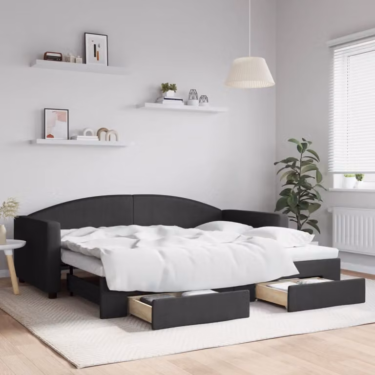 vidaXL Divano Letto Estraibile con Cassetti in Tessuto Nero L/P/H: 90 x 200 cm