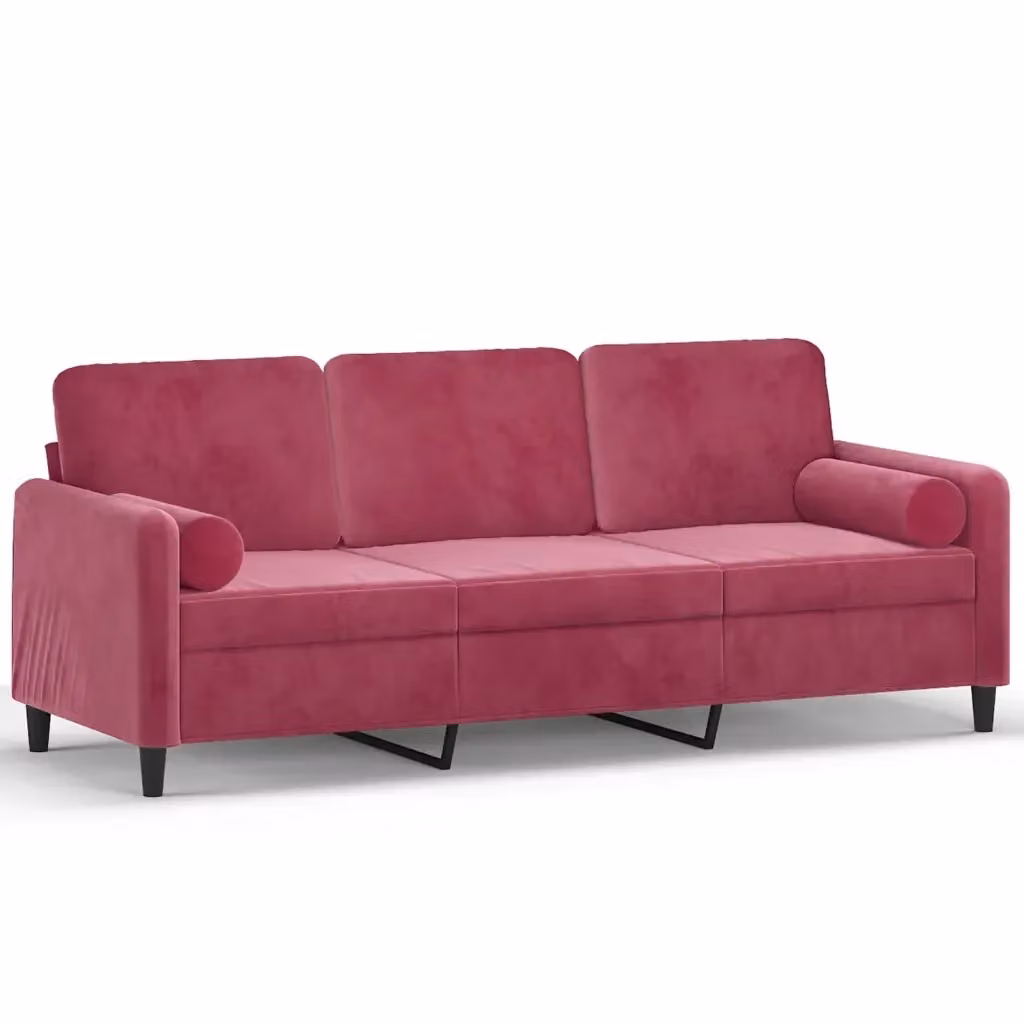 Divano a 3 posti moderno vidaXL in velluto rosso con cuscini e coperture rimovibili L: 198 cm, P: 80 cm, H: 77 cm – 2