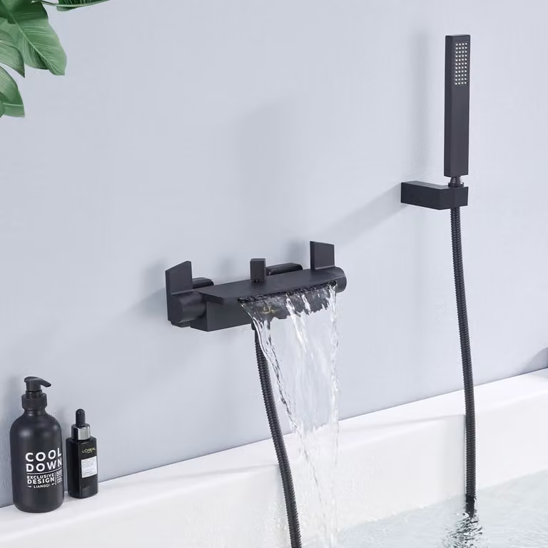 Miscelatore per vasca da bagno nero con doccetta a mano, erogatore a cascata, portadocumenti da doccia in ottone, diametro 150 mm