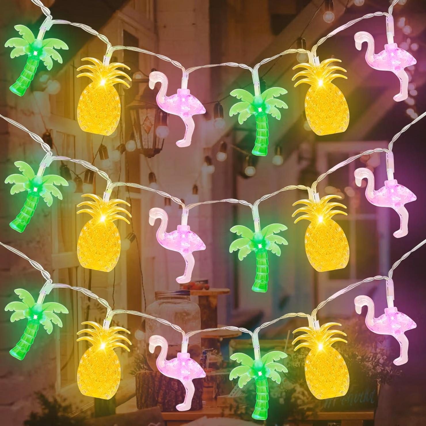 Catena luminosa "Hawaii", 3 metri, 20 LED, con motivi di ananas, fenicotteri e palme