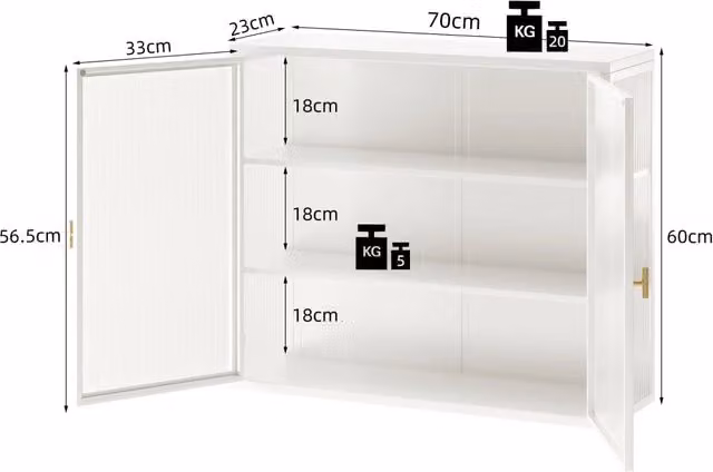 Armadietto pensile con 2 ante e 3 ripiani rimovibili, in metallo e vetro, bianco, per bagno e casa, 70 × 23 × 60 cm