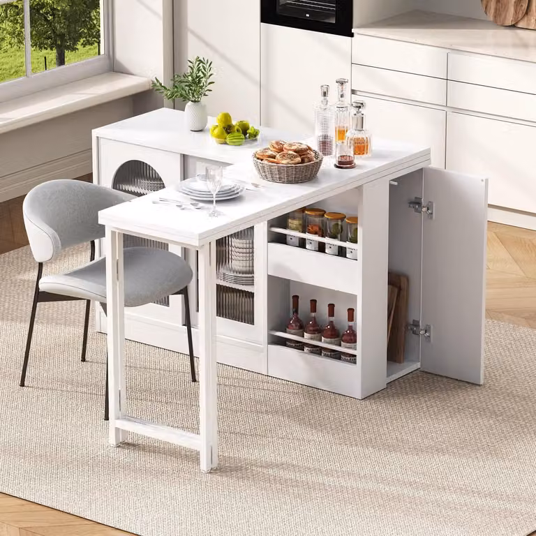 Tavolino bar allungabile con piano girevole a 360°, mobile contenitore con anta in vetro, colore bianco, dimensioni 121,5 x 40 x 76,7 cm
