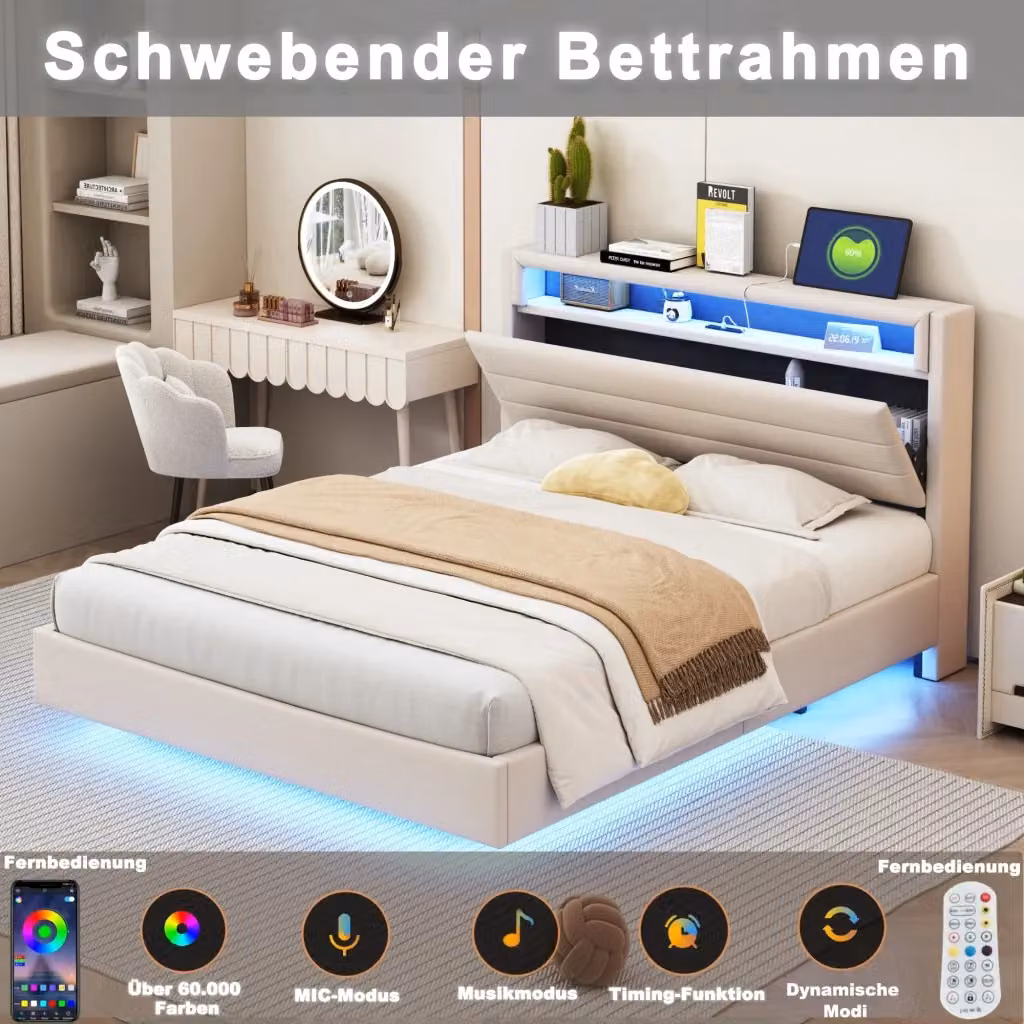 Letto imbottito REDOM beige con porte USB, luci LED sottostante e scomparti laterali L/P/H: 214 x 160 x 106 cm – 2