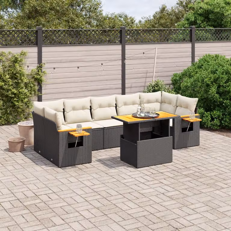 vidaXL Set Divani da Giardino a L con Cuscini 8 pz in Polyrattan Nero e Bianco
