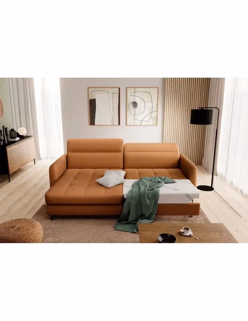 Divano ad angolo con funzione letto MEUBLORAMA colore arancione, modello moderno con poggiatesta regolabile e contenitore, L/P/H: 228 x 165 x 128 cm – 2