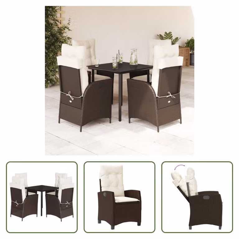 The Living Store Set da pranzo da giardino 5 pezzi con cuscini in polirattan marrone