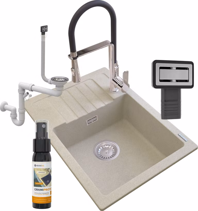 Granitan - Lavello in granito - Lavello da cucina - 62x44x18 cm - Beige - con rubinetteria VEGAS, sifone e trattamento impermeabilizzante