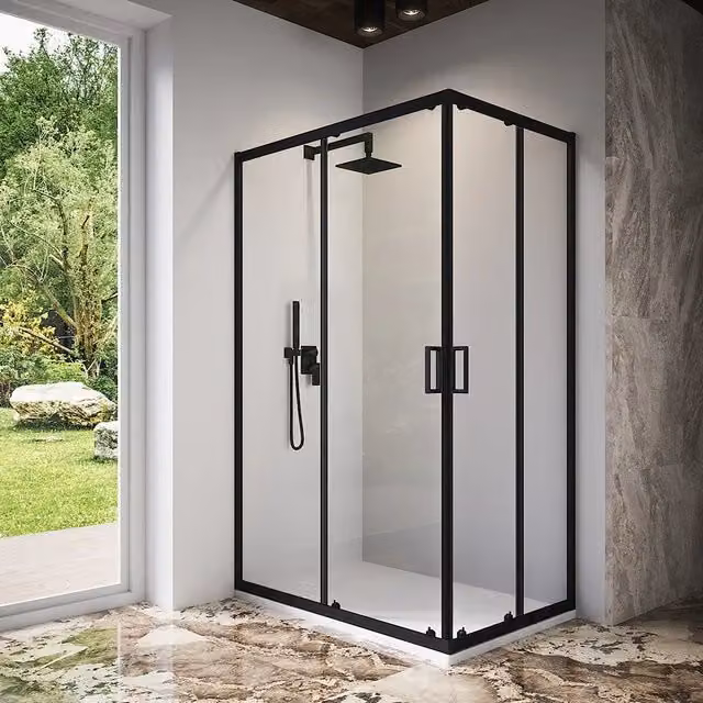Box doccia 70x100 cm angolare scorrevole profili nero opaco vetro 6mm trasparente h185 | Tonga
